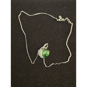 Silver-Tone Necklace with Green Teardrop Pendant and Crystal Accents